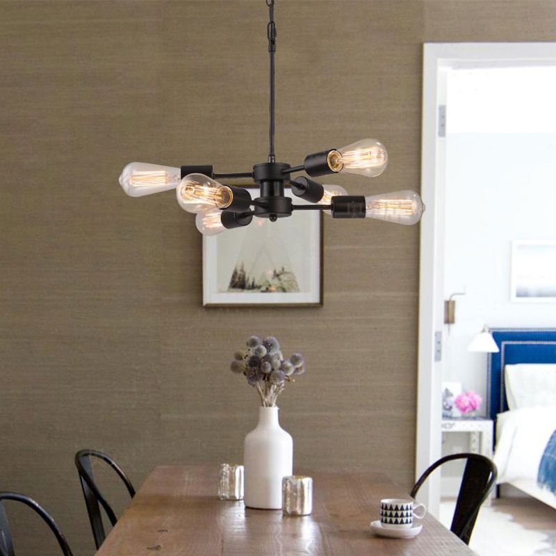 6 Heads Chandelier Lamp with Exposed Bulb Antique Style Black Metal Ceiling Pendant Lamp over Table