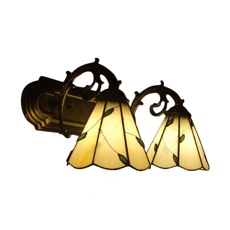 Beige Conical Wall Light with Leaf 2 Heads Tiffany Rustic Glass Wall Lamp for Study Room