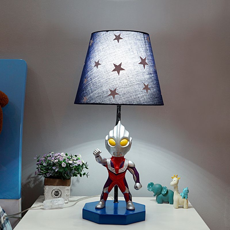 Blue Barrel/Trapezoid Table Lamp Kids 1 Head Fabric Nightstand Lighting with Ultraman Decoration