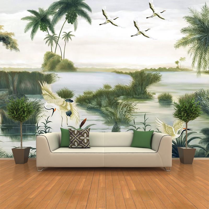 Asian Red-Crown Crane Murals Wallpaper Green Water Landscape Wall Decor for Living Room
