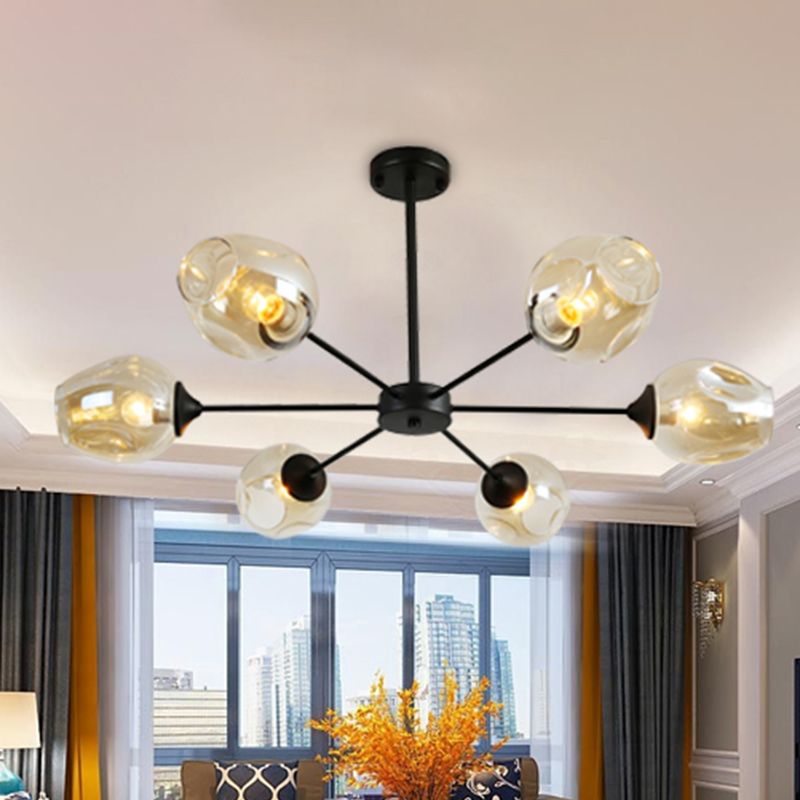 Modernist 3/6/8 Lights Hanging Chandelier Black/Chrome Sputnik Suspension Pendant with Blue/Amber Glass Shade