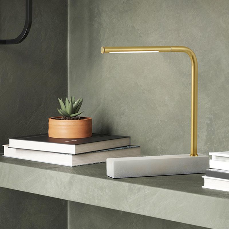 Right Angled Linear Study Room Table Lamp Metal LED Nordic Night Light in Brass with Rectangle Marble Base