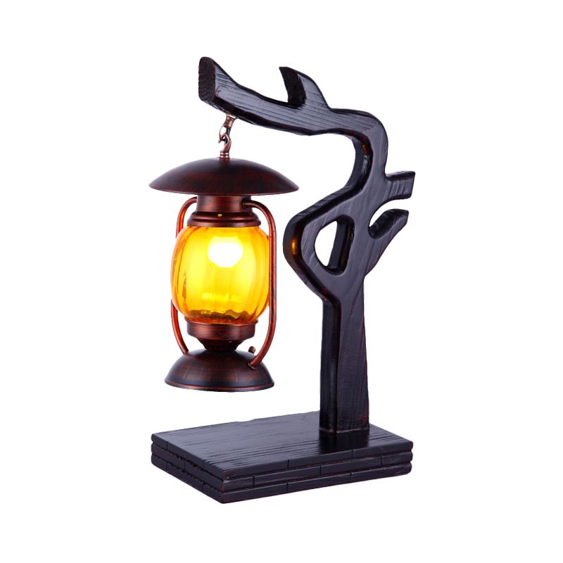 Factory Kerosene Desk Lamp 1 Light Yellow Glass Table Lighting in Copper with Wood Tree Design