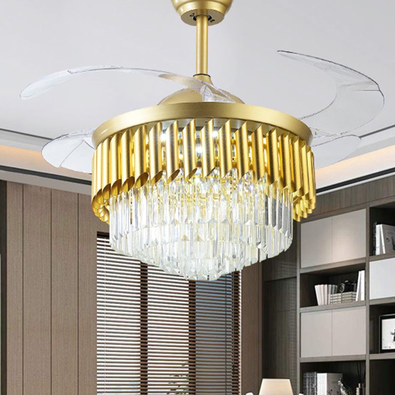 Postmodern Multi-Tier Fan Lighting 3 Blades Crystal LED Semi Flush Ceiling Light in Gold, 19" Wide