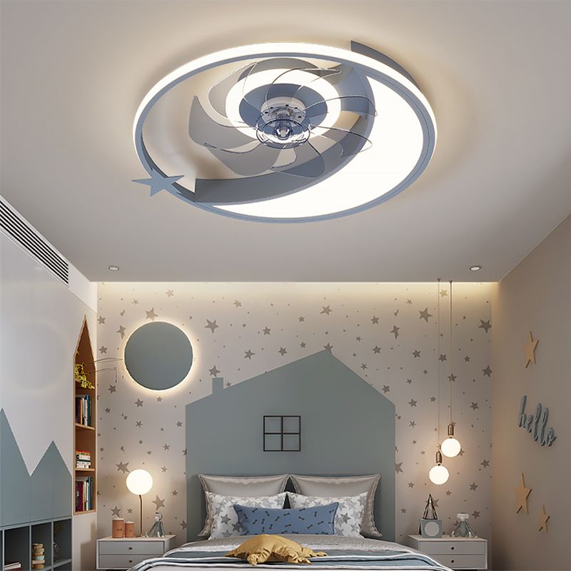 Cartoon Moon and Star Ceiling Fan Lamp Metallic Baby Room LED Semi Flush Mount Light