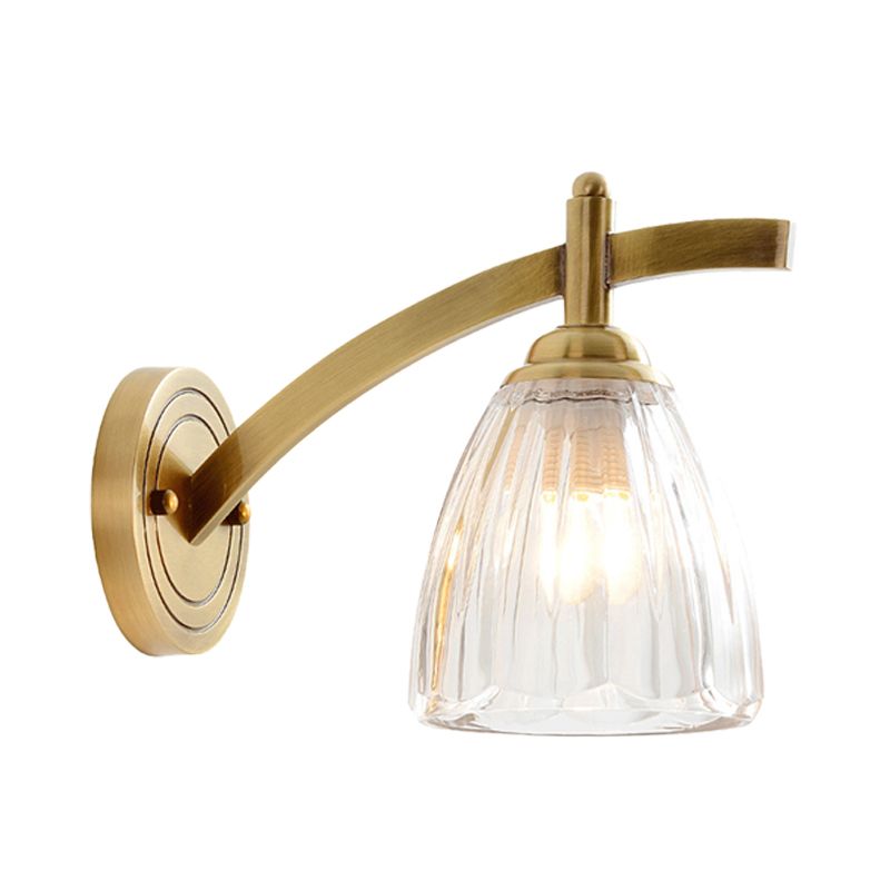 1 Bulb Cone Sconce Lamp Tradition Metal Wall Lighting Fixture in Gold with Ribbed Glass Shade for Bedside