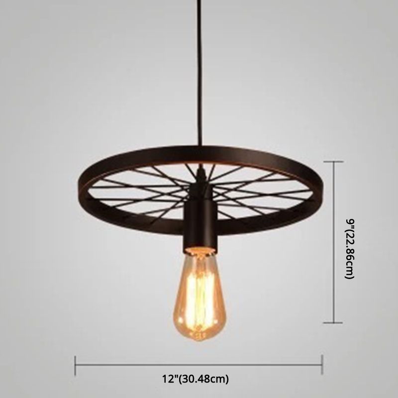 Metal Hanging Pendant Light Vintage Style Black Wagon Wheel Coffee Shop Suspension Lamp