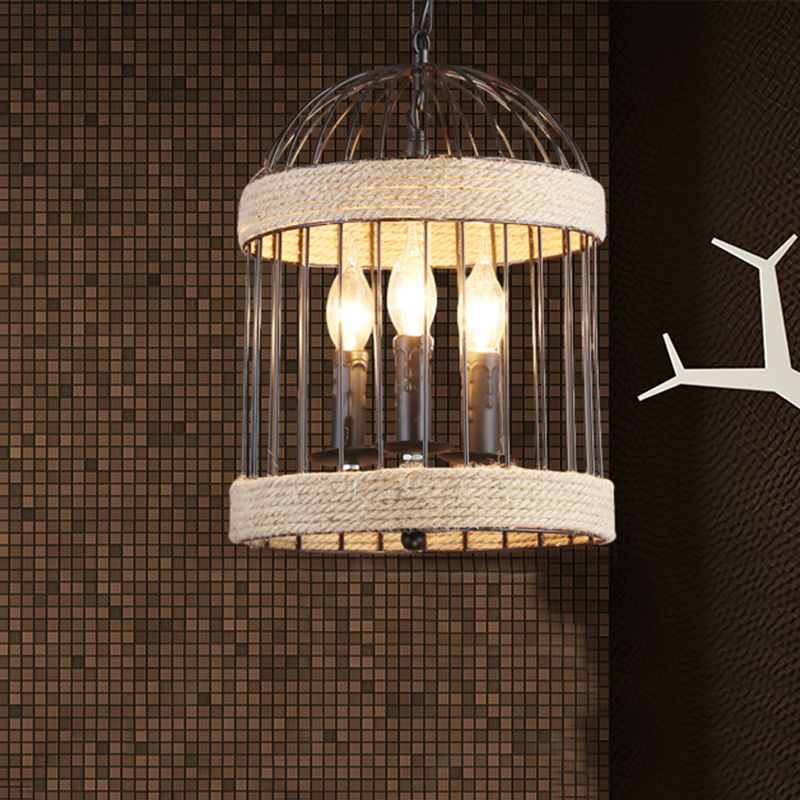 3 Bulbs Birdcage Ceiling Light Vintage Black Finish Metal and Rope Hanging Lamp with Chain for Dining Room