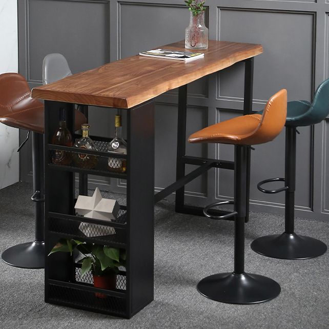 Modern Black Iron Bar Dining Table Rectangle Wood Indoor Bistro Table with Footrest