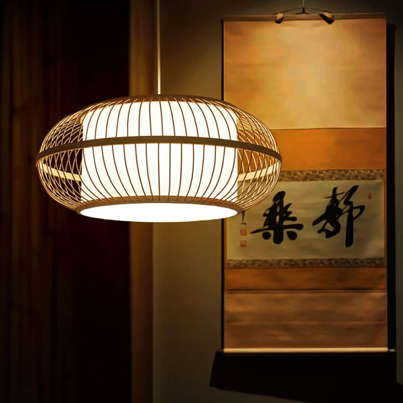 1 Head Restaurant Ceiling Lamp Asia Beige Hanging Light Fixture with Lantern Bamboo Shade