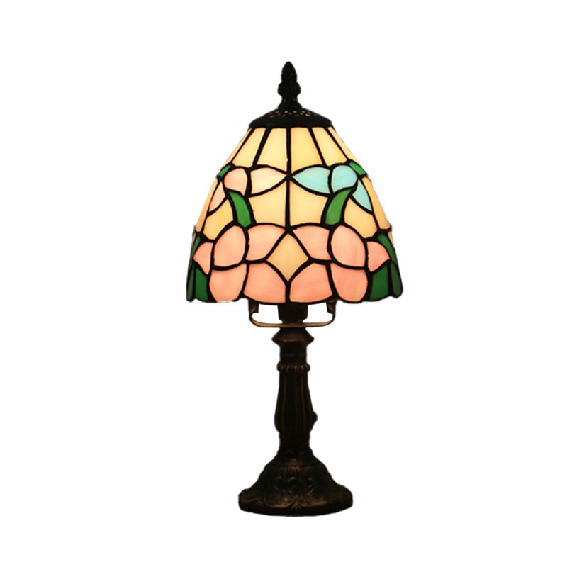 Dome Shape Nightstand Lighting 1-Light Stained Glass Baroque Style Blossom Patterned Table Lamp in Red/Pink/Orange