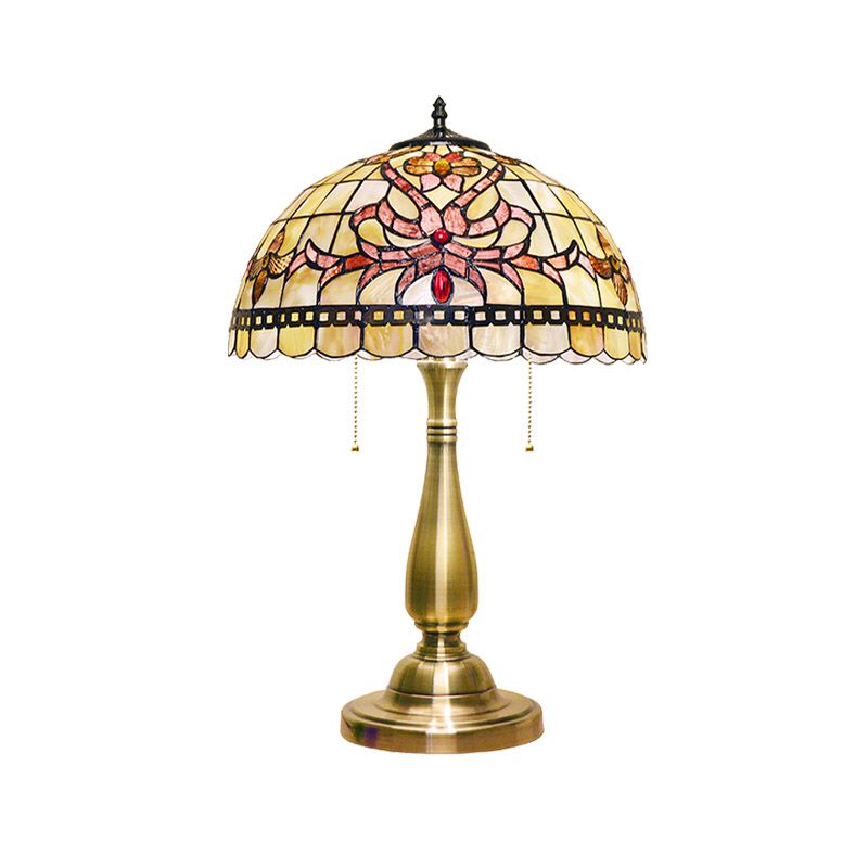 Grid-Trim Floral Table Light 2 Heads Shell Vintage Nightstand Lamp with Pulling Chain in Brushed Gold for Bedside