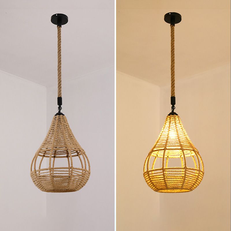 Industrial Style Shaded Pendant Ceiling Light Rope Hanging Ceiling Light in Beige