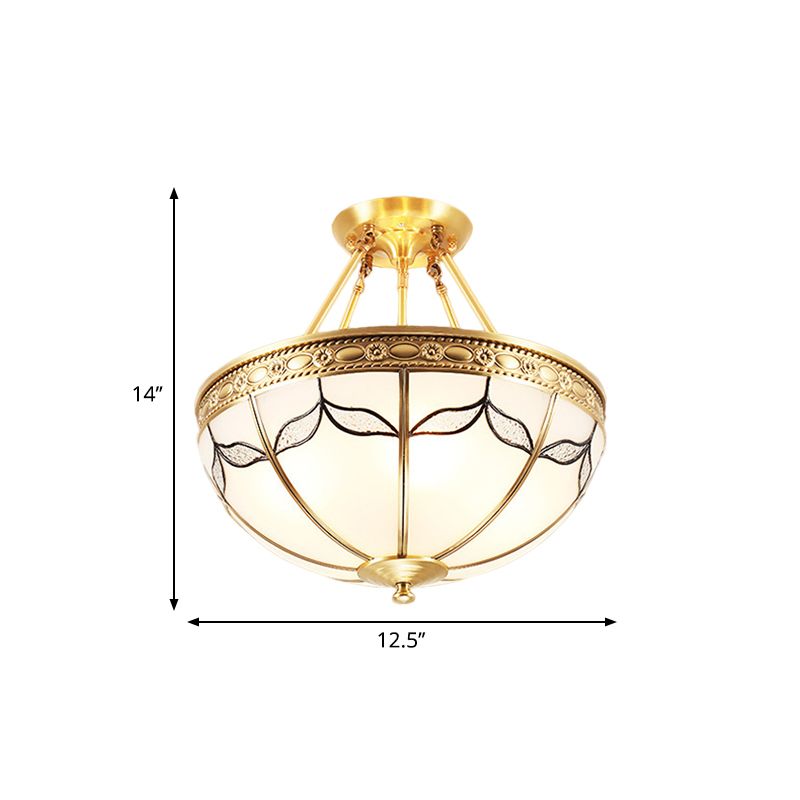 Domed Opal Glass Semi Mount Lighting Vintage 4-Light Bedroom Semi Flush in Brass, 12.5"/16" Wide