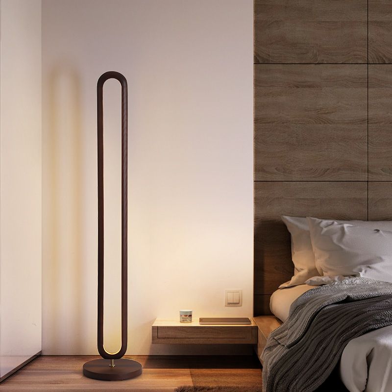 Wood Oval Frame Floor Reading Light Simplicity Brown/Beige LED Stand Up Lamp for Bedside