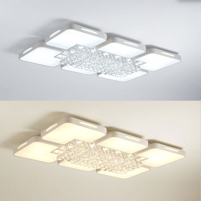 White Rectangular LED Flush Light Modern Acrylic Living Room Ceiling Fixture with Crystal Balls