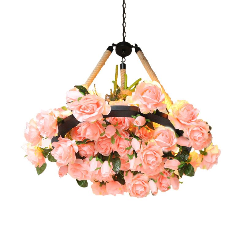 Antique Round Pendant Chandelier 6 Lights Iron Flower Hanging Ceiling Light with Hemp Rope in Yellow/Pink/Light Pink