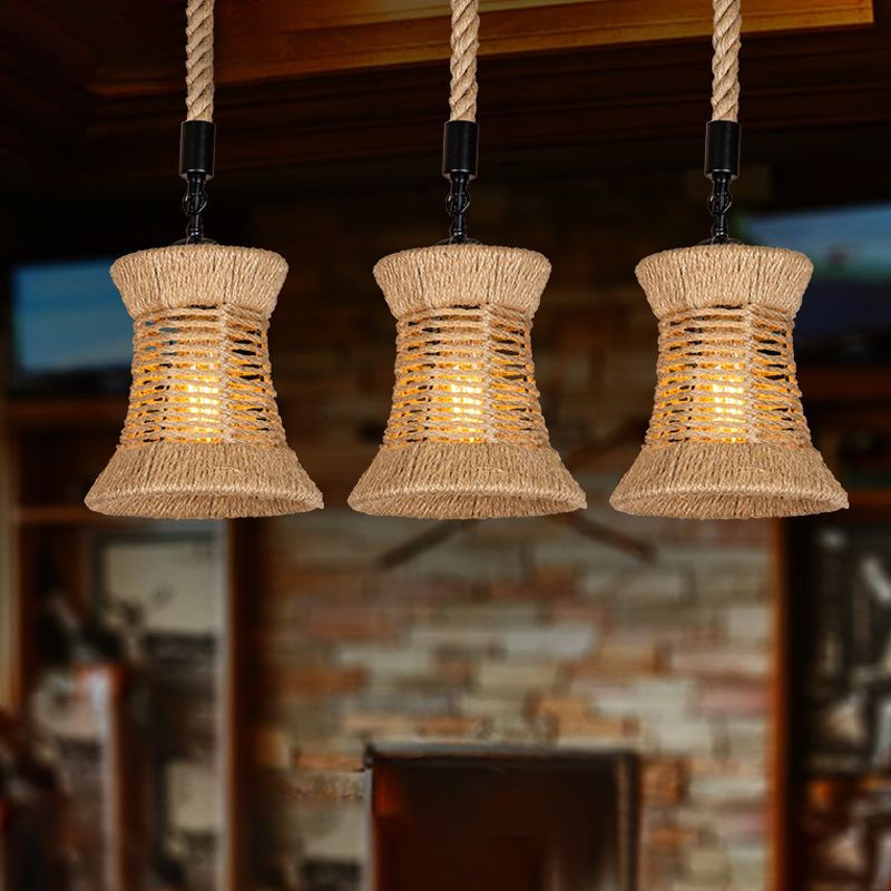 Brown Flared Shade Multi-Light Pendant Rural Rope 3 Bulbs Dining Room Ceiling Hang Lamp