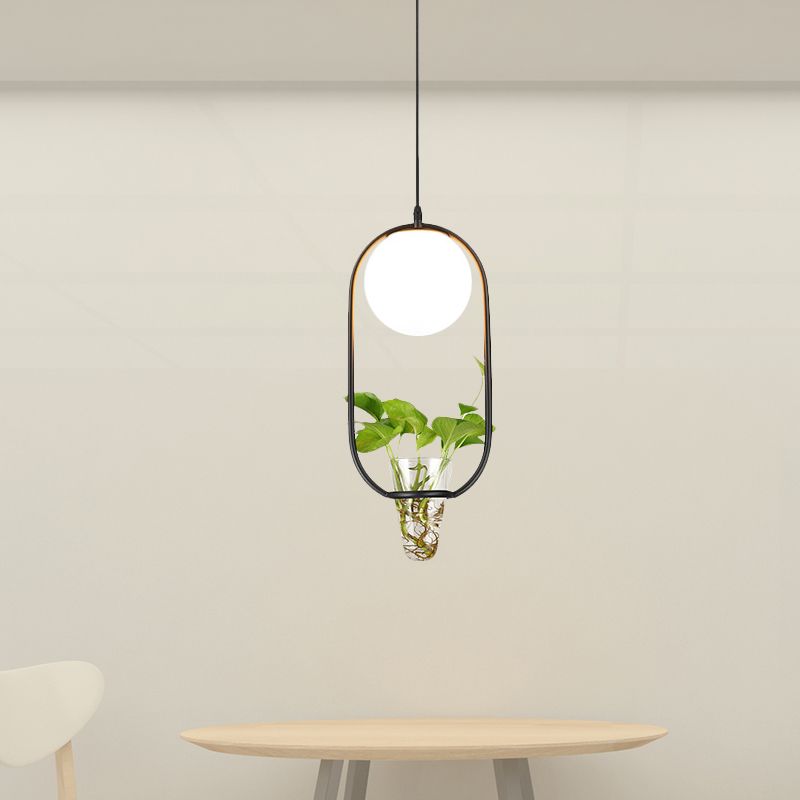 Opal Glass Globe Pendant Light Loft 1 Head Living Room Hanging Lamp in Black/Grey/Gold with Oblong Cage and Plant Cup