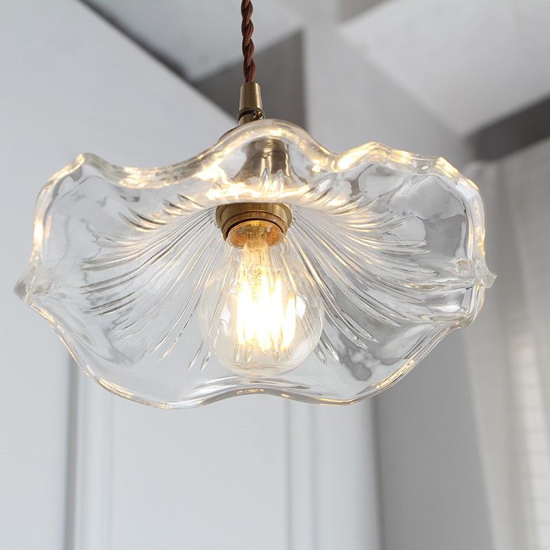 Vintage Scalloped Hanging Light with Textured Glass Shade 1 Light Pendant Lamp in Polished Brass