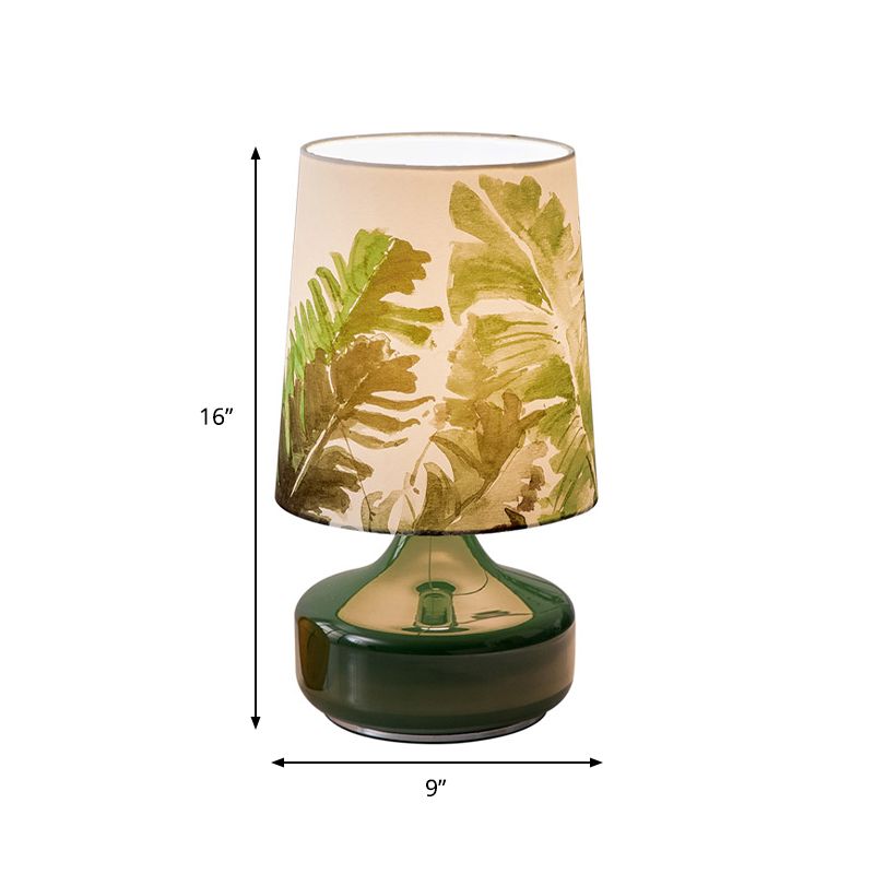 Nordic Barrel Night Lamp Fabric Single Head Bedroom Table Light with Leaves Pattern in Green