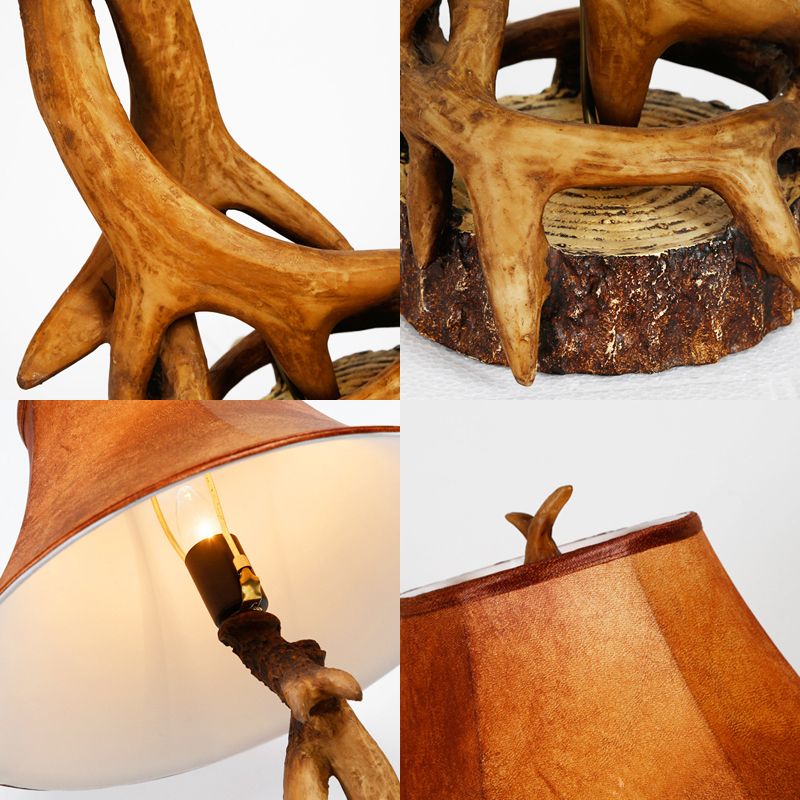 1 Light Barrel Desk Lamp Traditional Wood Fabric Task Lighting for Bedroom with Antler Accents