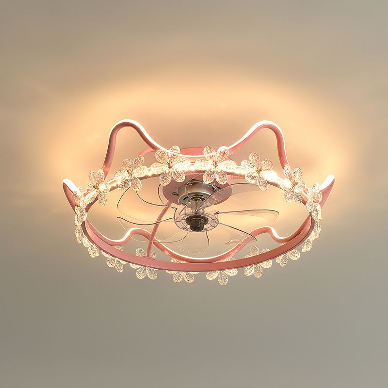 Crystal Crown LED Fan Light Children Style Semi Flush Mount Light Fixture for Bedroom