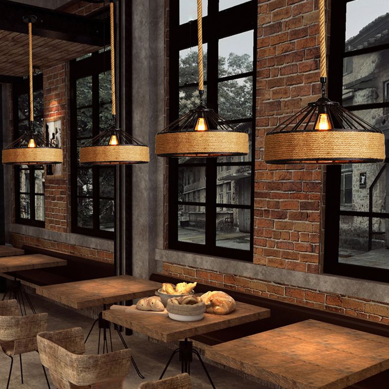 Industrial Drum Commercial Pendant Lighting Natural Rope 1-Light Hanging Light Fixture