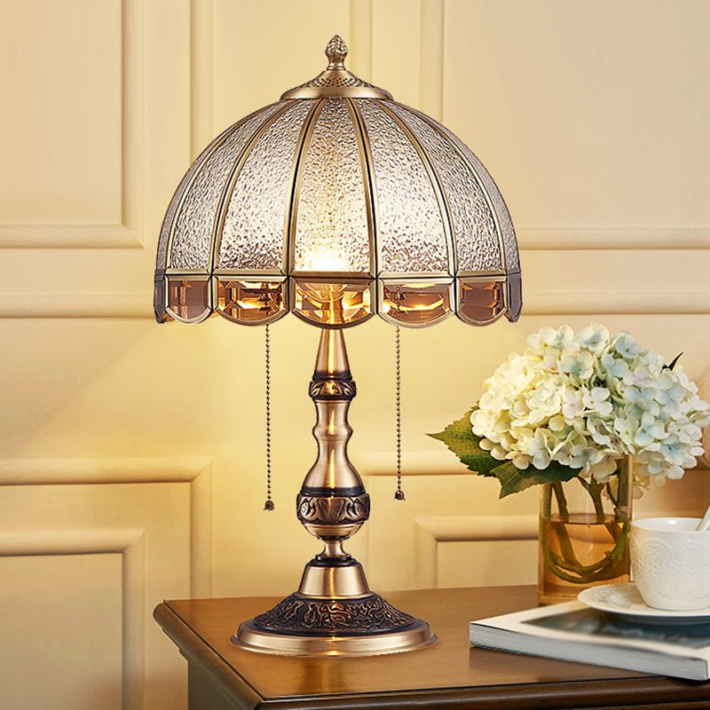 Hemispherical Bedroom Table Light Antique Textured Glass 1-Light Bronze Nightstand Lamp with Pull Switch