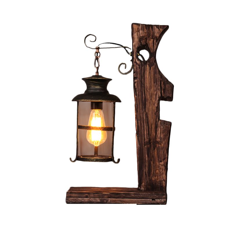 Clear Glass Black Table Lamp Lantern 1 Head Industrial Style Desk Light with Wood Base