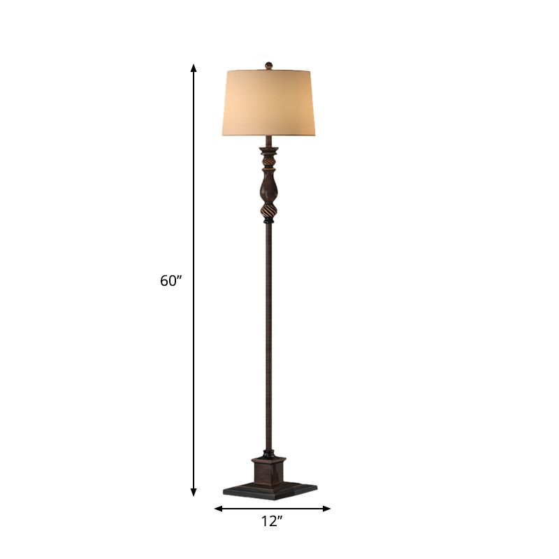 1-Head Resin Reading Floor Lamp Retro Style Brown Carved Study Room Floor Light with Fabric Shade