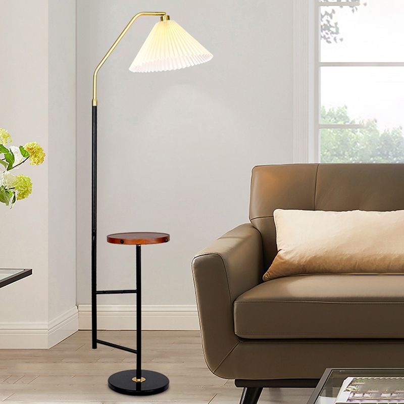 Cone Stand Up Lamp Minimalist Pleated Fabric Single Bedroom Floor Lighting with Tray and Marble Base