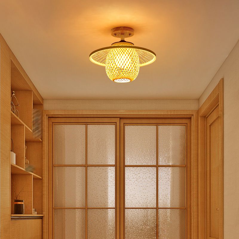 Bamboo Close to Ceiling Fixture Shaded Simple Style Semi Flush Mount Light