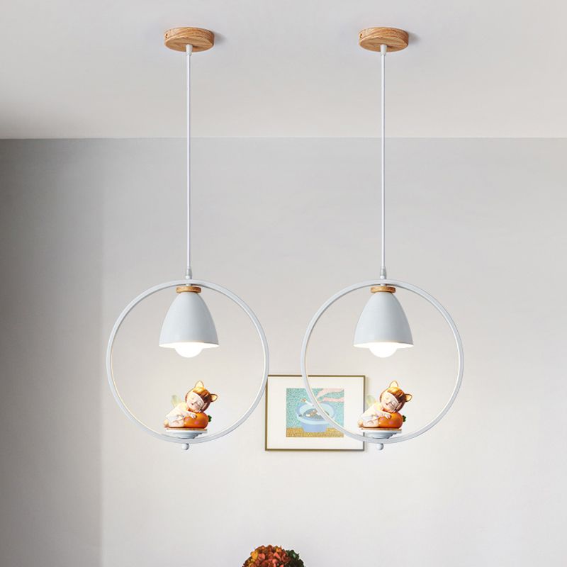 Tapered Shade Metallic Suspension Light Kids Single Textured White Pendant Light with Halo Ring and Resin Figurine