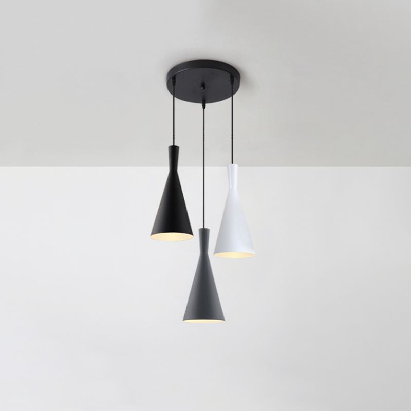 Cluster Funnel Pendant Light Nordic Aluminum 3 Heads Black-Grey-White Suspension Lighting with Round/Linear Canopy