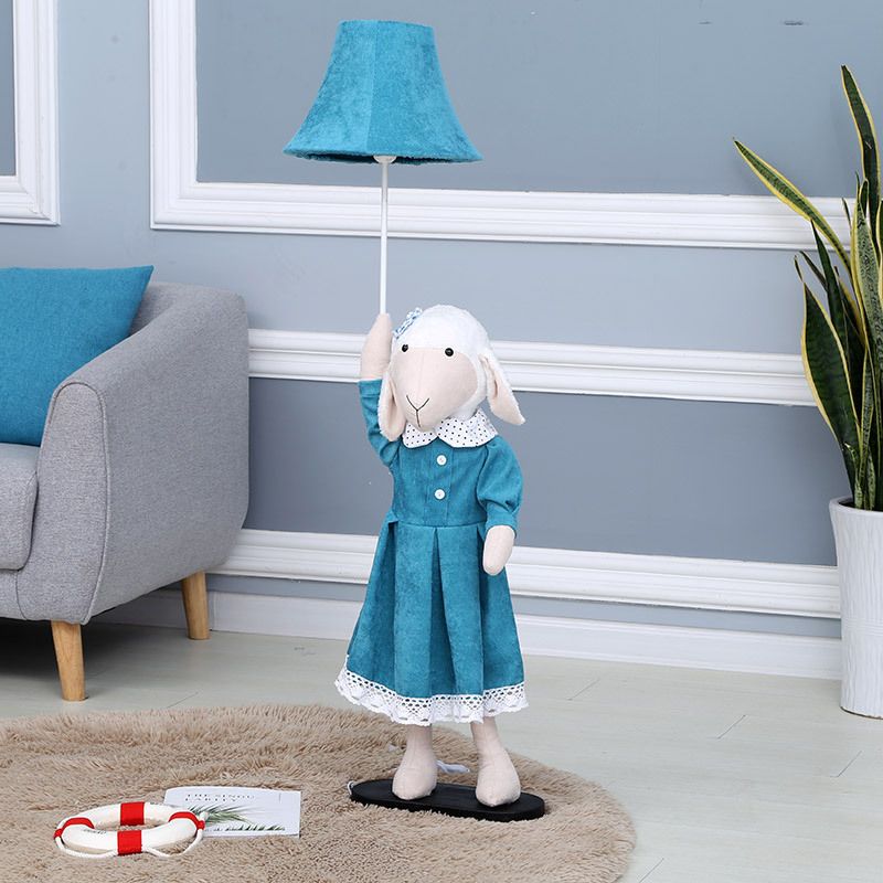 Cartoon Sheep Lady Floor Lighting Fabric 1 Light living Room Reading Floor Lamp with Bell Shade in Blue