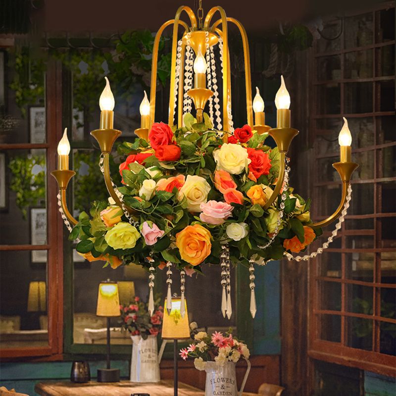 Candle Restaurant Chandelier Lighting Industrial Metal 9 Bulbs Gold Ceiling Pendant Light with Rose Decor