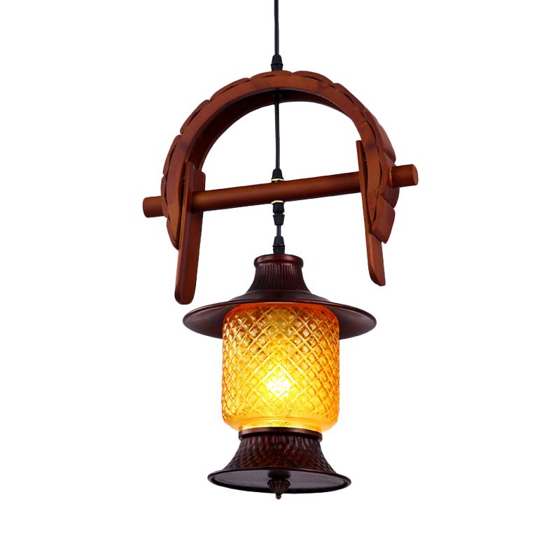 Factory Cylinder Hanging Lamp 1 Light Yellow Grid Glass Pendant Light Fixture in Copper with Wood Curved Frame