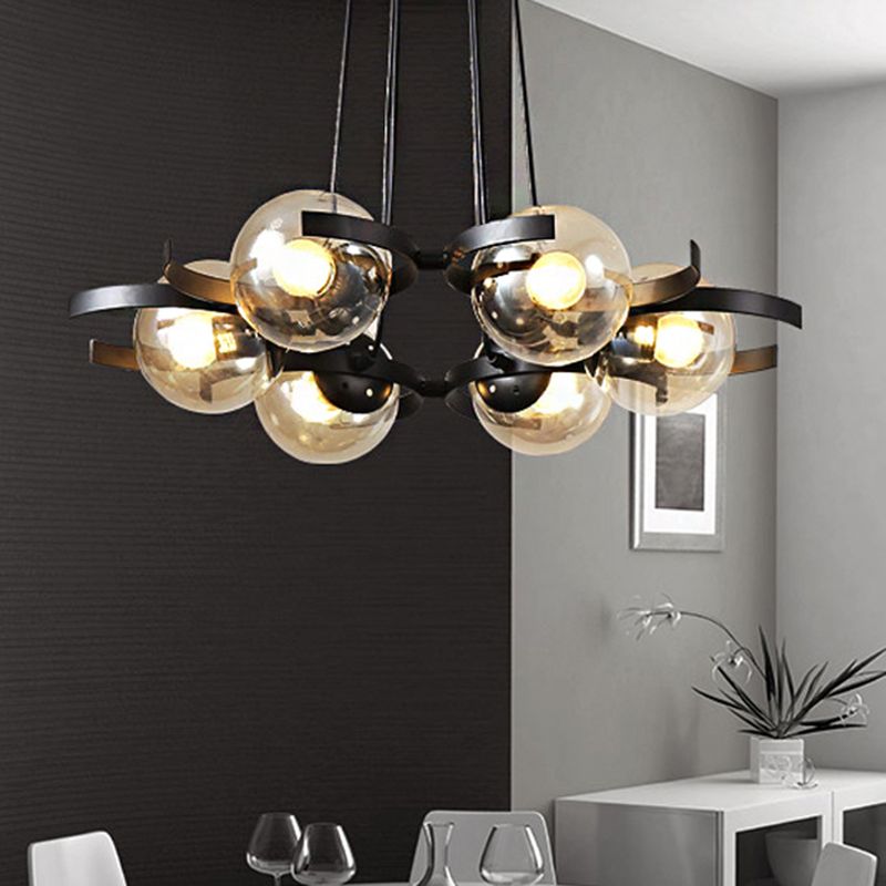 Clear Glass Ball Ceiling Pendant Contemporary 6 Light Black Chandelier for Dining Room