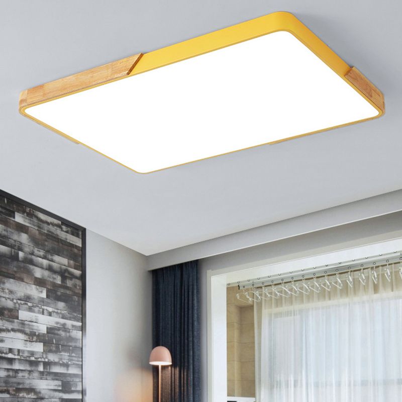 Nordic Rectangle Ceiling Light Colorful Metal LED Flush Mount Light with Wood for Bedroom