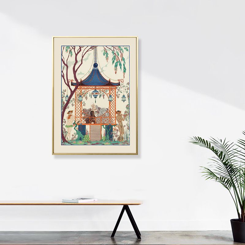 Asian Painting Print Pavilion Canvas Art Pastel Family Room Wall Decor, Textured