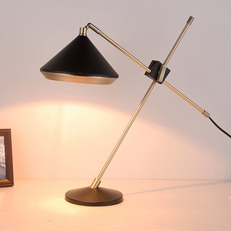 Iron Rotating Cross Arm Study Lamp Antiqued 1 Light Study Desk Lighting in Brass with Black/White Cone Shade