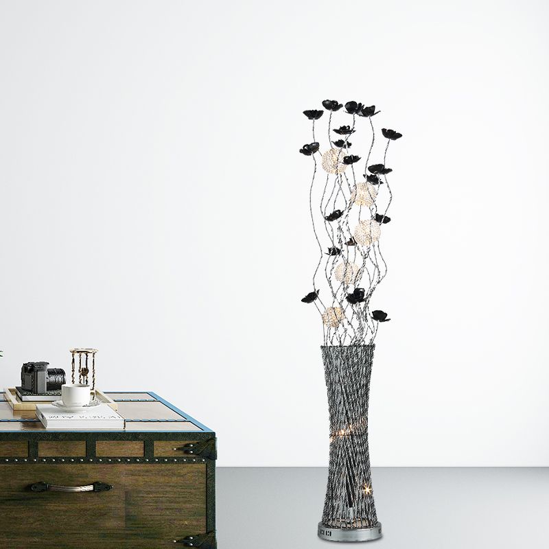 Decorative Hollowed Column Floor Light Metal LED Curved Stick Reading Floor Lamp with Rose Decor in Black and Silver