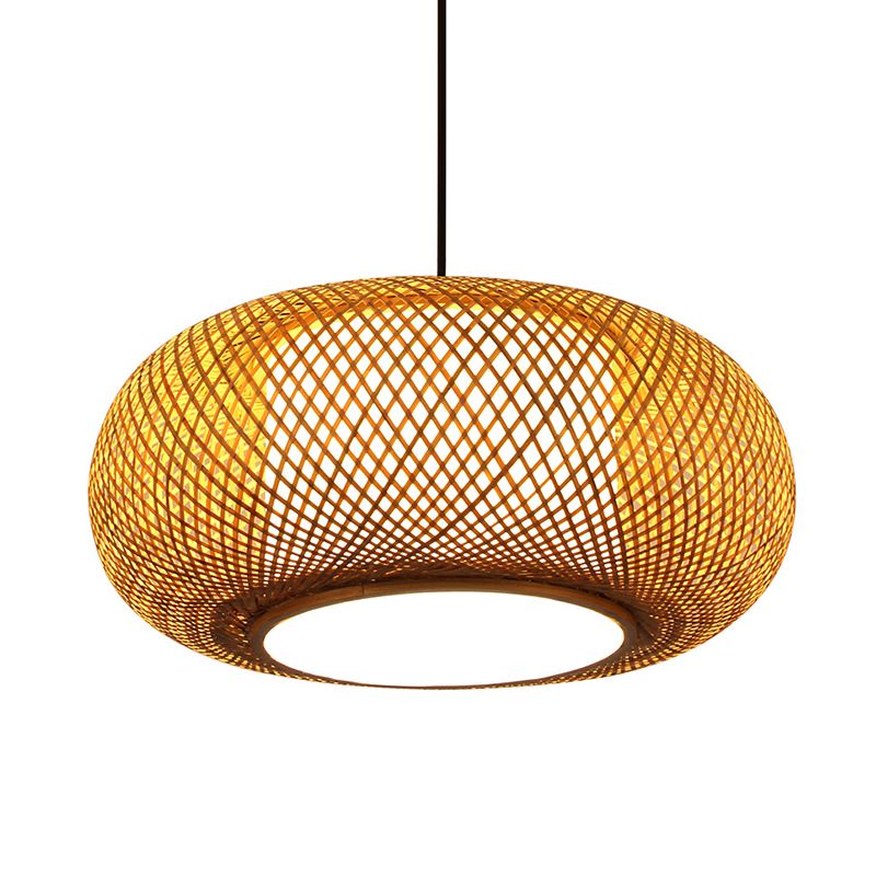 Curved Drum Pendant Lamp Asian Bamboo 1 Bulb Beige Hanging Ceiling Light, 16"/19.5" Wide