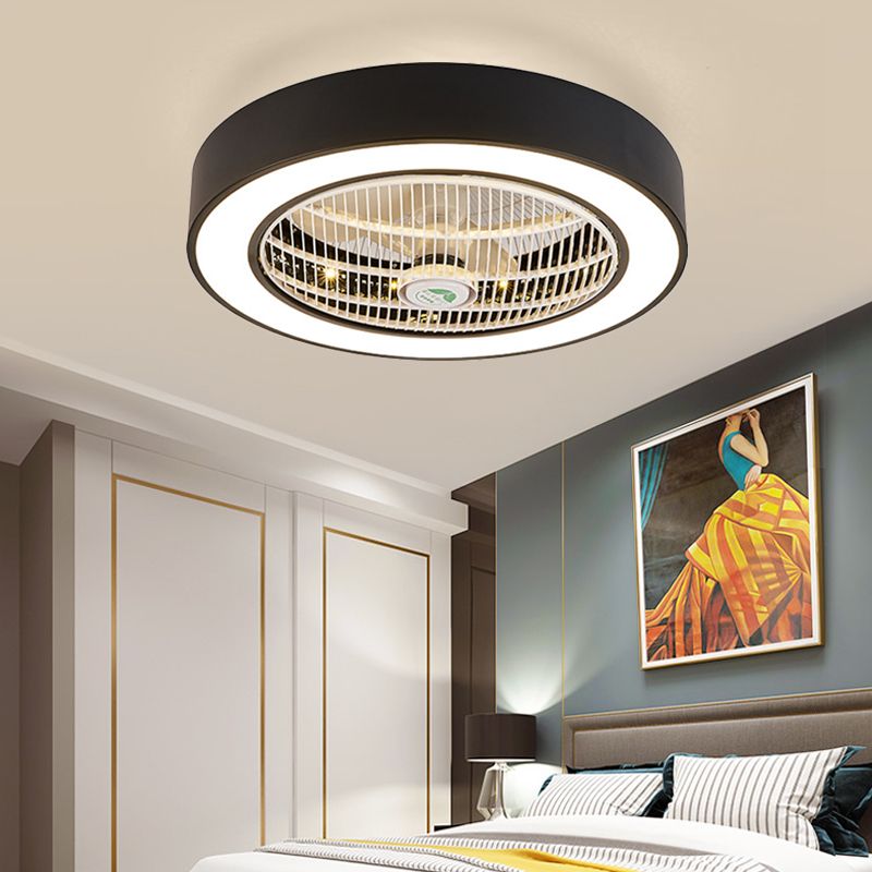 23.5" W LED Drum Fan Light Fixture Minimalist White/Black Finish Metallic 6 Blades Semi Flush Mounted Lamp for Bedroom