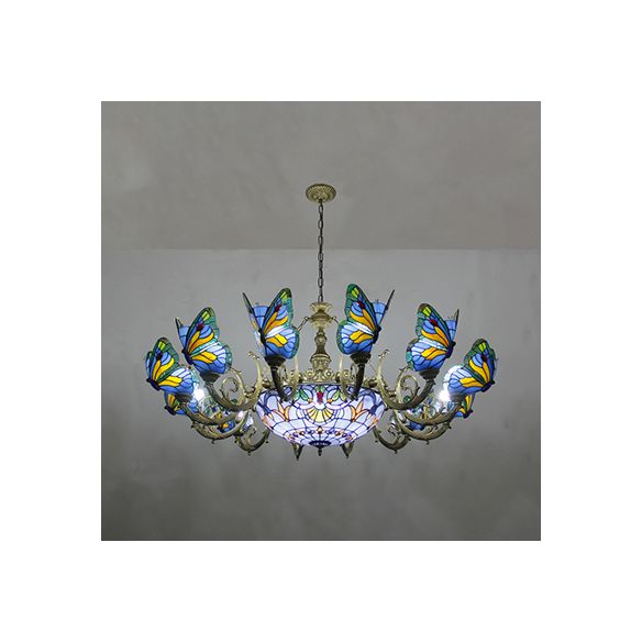 Butterfly Indoor Pendant Light Stained Glass Tiffany Chandelier Lamp in Dark Blue/Sky Blue/Beige/Blue for Hallway