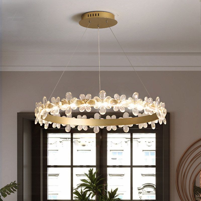 Round Chandelier Lamp Modern Crystal 19.5"/27.5" Wide LED Gold/Coffee Pendant Light Fixture in Warm/White Light