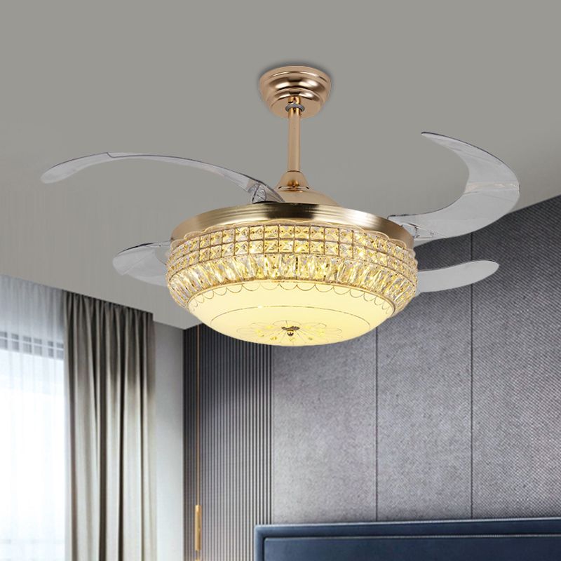 19" W Dome Living Room Hanging Fan Light Acrylic LED Minimalist Semi Flush with Crystal Deco in Gold, 4 Blades