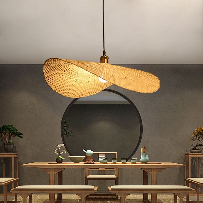 Paille beige Forme de la forme de suspension de la lampe suspendue asiatique 1-Light Bamboo Plafond Pendant Light pour table à manger