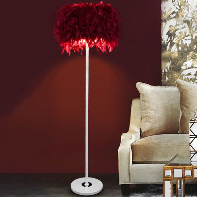 Burgundy/Purple/Pink Drum Floor Light Minimalistic 1-Bulb Feather Standing Floor Lamp for Living Room